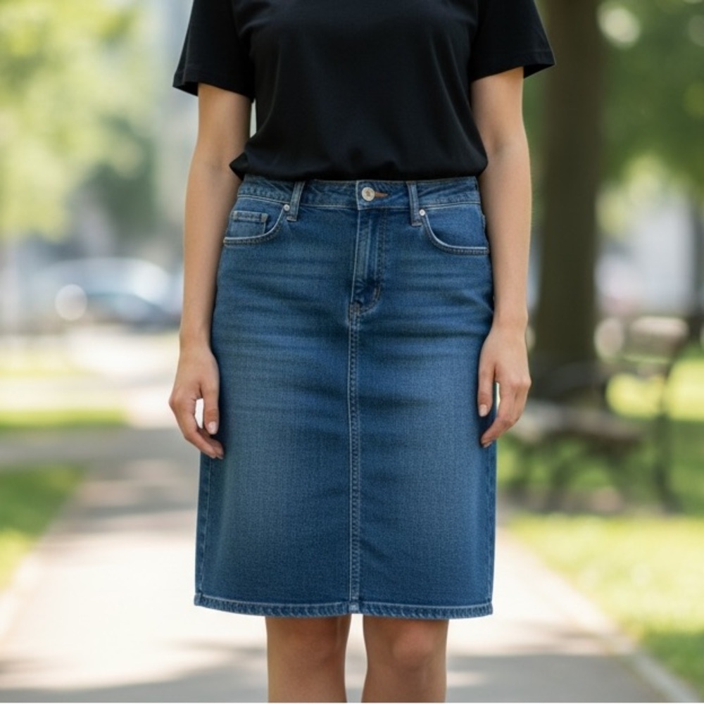 Vintage (10) SPANNER Denim Skirt Above Knee Stitch Detail Pockets Back Pleats - Picture 14 of 14